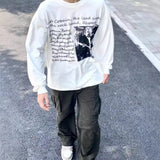 Men T-shirts Antique Washed Old Graffiti Loose Crew Neck Long Sleeve T-Shirt