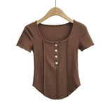 Women T-Shirt Short-Sleeved T-shirt Summer Stitching Button