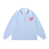 Men Hoodie Embroidery Love Lapel Sweater Boys Loose Long Sleeve Half-Open Collar Polo Shirt Pullover Top