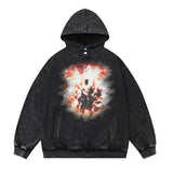 Men Hoodie Flame Printed Hoodie Washed Old and Dirty Loose Top
