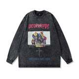Men Long Sleeve Shirt Printed Washed Sweater Men's Fashion Brand Retro Distressed Long Sleeve