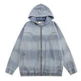 Men Denim Jacket Striped Hooded Denim Jacket Men's Loose Distressed Washed Tie-Dyed Denim Jacket