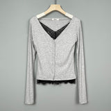 Women Long Sleeve Shirt V-neck Lace Stitching Camisole Long Sleeve Cardigan