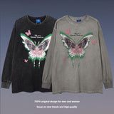 Men Long Sleeve Shirt Butterfly Graffiti Printing Washed Bottoming Long Sleeve T-shirt Oversize Men and Women Ins
