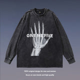 Men Long Sleeve Shirt Bone Print Vintage Long Sleeve T-shirt Washed and Worn Bottoming Shirt