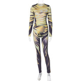 Women Co-Ord Set Winter Fashion Printed Long Sleeve Bodysuit Tight
