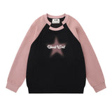 Men Hoodie Raglan Sleeve Crew Neck Pullover Sweatshirt Stitching Five-Pointed Star Printed Spring and Autumn Loose Top
