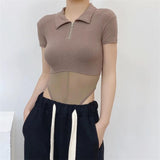 Women T-Shirt Spring/Summer Lapel Mesh Stitching Fashion Tight