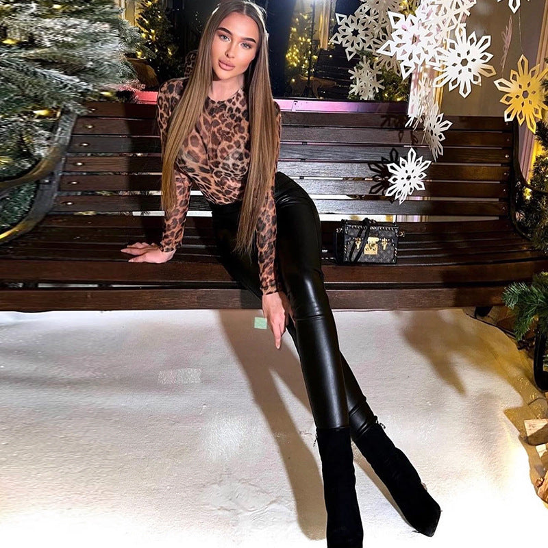 Women Jumpsuit round Neck Long Sleeve Sexy Leopard Print Jumpsuit
