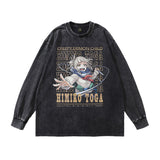 Men Long Sleeve Shirt Vintage Cartoon Printed Washed Old Long Sleeve T-shirt for Men and Women