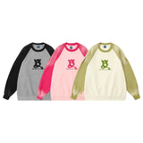 Men Hoodie Color-Block Raglan Sleeves Inkjet Sweater Flocking Letter Embroidery Pullover Loose
