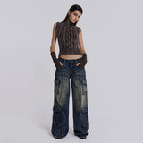 Women Cargo Pants Jeans Women Stitching Casual Straight Pants