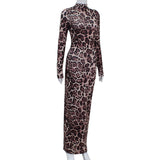 Women Desses Long Sleeve Leopard-Print Slim-Fit Dress Maxi Dress