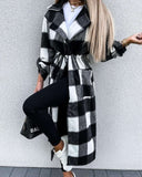 Plaid Trench Coat Autumn and Winter Long Sleeve Button Lapel Keep Warm Pure Color Long Woolen Coat