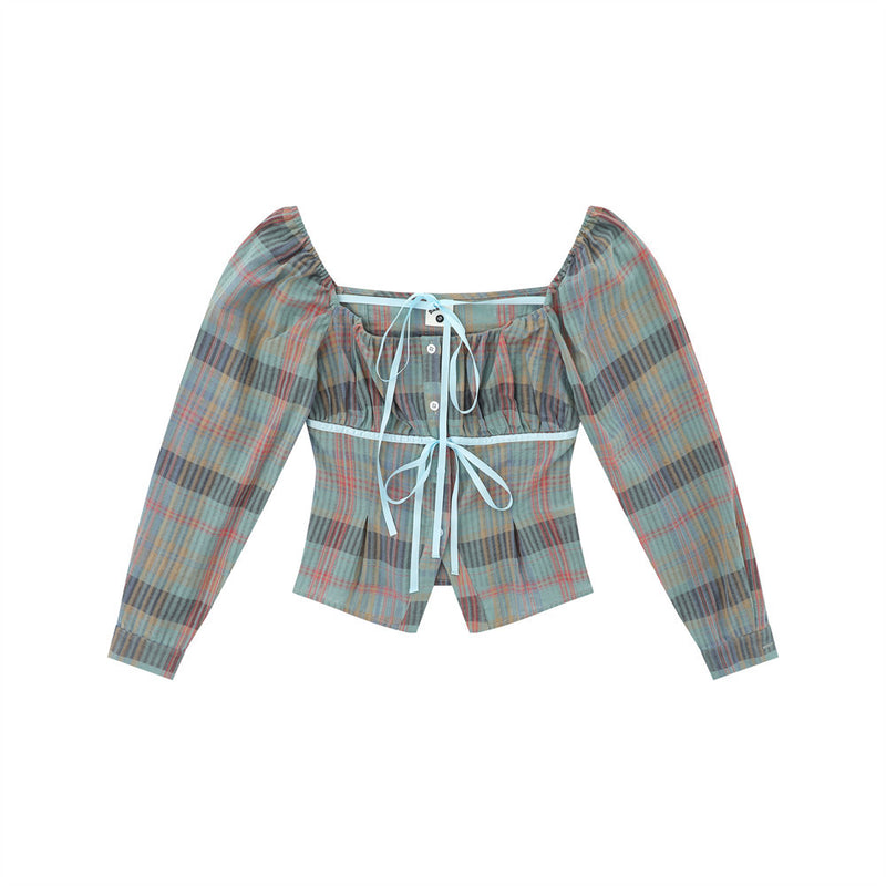 Women Long Sleeve Shirt Girls' Retro Contrast Color Striped Cotton Spring and Autumn
