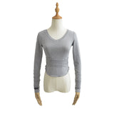 Women T-Shirt Waist Pleated Design V-neck Bottoming Shirt Women's Autumn
