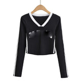 Women T-shirt Letter Underwear Blouse Women's Autumn Short Side Stripe T-shirt