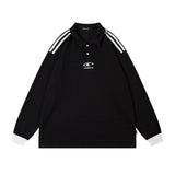 Men Long Sleeve Shirt Vintage Polo Lapel Long Sleeve T-shirt Men's Fashion Brand College Style Loose Couple