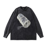 Men Long Sleeve Shirt Printed Vintage Hip Hop Retro Style Washed round Neck Long Sleeve Bottoming T-shirt