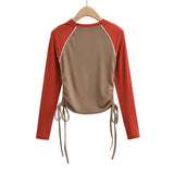 Women T-shirt Color Contrast Patchwork Drawstring Long Sleeve Top O-neck Short