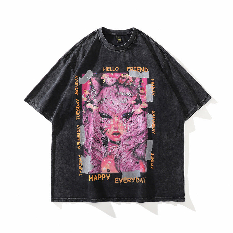 Men T Shirt Portrait Short Sleeve T-shirt Male and Female Trendy Brand Loose Retro Street