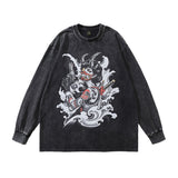 Men Long Sleeve Shirt Ukiyo-E Vintage Washed Vintage Long Sleeve T-shirt for Men and Women