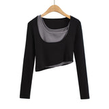 Women T-Shirt Long-Sleeved T-shirt Women's Short Contrast Color Top