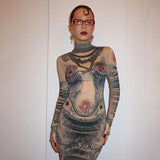 Women Dresses Fall Women's Clothing Long Sleeve Mesh Printed Short Dress