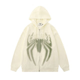Men Hoodie Spider Print Hooded Cardigan Sweater Two-Way Zipper Jacket