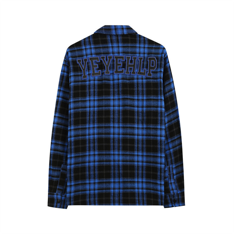 Men's Long Sleeve T Shirt Plaid Embroidered Letter Shirt Men's Ins Loose Casual