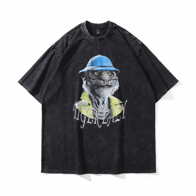 Men T Shirt Cartoon Printed Short-Sleeved T-shirt Men's Summer Loose Wash Distressed