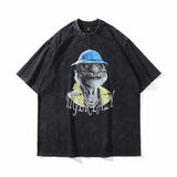 Men T Shirt Cartoon Printed Short-Sleeved T-shirt Men's Summer Loose Wash Distressed