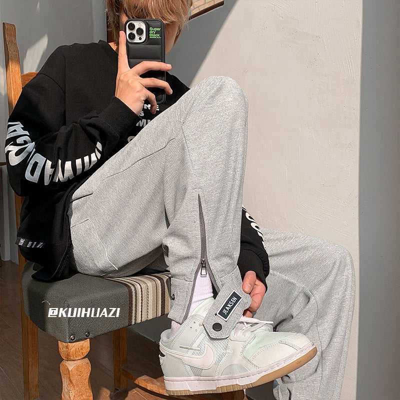 Men Sweatpants Waffle Pants Men Loose Design Zipper