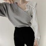 Women Long Sleeve Shirt V-neck Long Sleeve Top Contrast Color