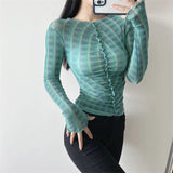 Women T-Shirt Long Sleeve Bottoming Shirt Personality Mesh Sun-Protective Clothing