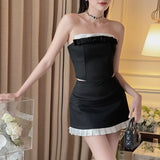 Women Co-Ord Set Summer Sweet Contrast Color Tube Top Short Skirt Suit