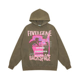 Men Hoodie Character Printed Washed Distressed Hooded Sweater Retro Casual Loose Long Sleeve Hoodie