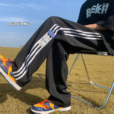 Men Sweatpants Striped Sports Trousers Loose Straight Wide Leg
