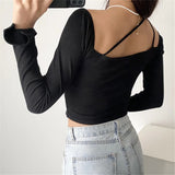 Women T-Shirt Long Sleeve Woman Square-Neck Slimming Cropped T-shirt
