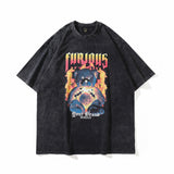Men T Shirt Washed Distressed Printed Short-Sleeved T-shirt Men and Women Loose