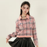 Women Long Sleeve Shirt Color Matching Plaid Short Long Sleeve Shirt Women's Coat