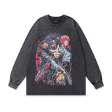 Men Long Sleeve Shirt Cartoon Anime Print Vintage Long Sleeve T-shirt Men and Women Washed Distressed
