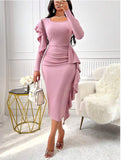 Women Dresses Women Autumn and Winter Solid Color Long Sleeve Dress Dress
