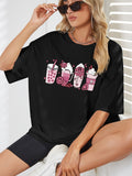 Drinking Print Oversized T-shirt Casual Crew Neck Drop