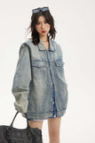 Unisex Jacket Autumn Washed Padded Shoulder Denim Coat Women's Clothing
