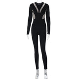 Women Jumpsuit Mesh Slim Fit Patchwork Long-Sleeve Zipper Jumpsuit