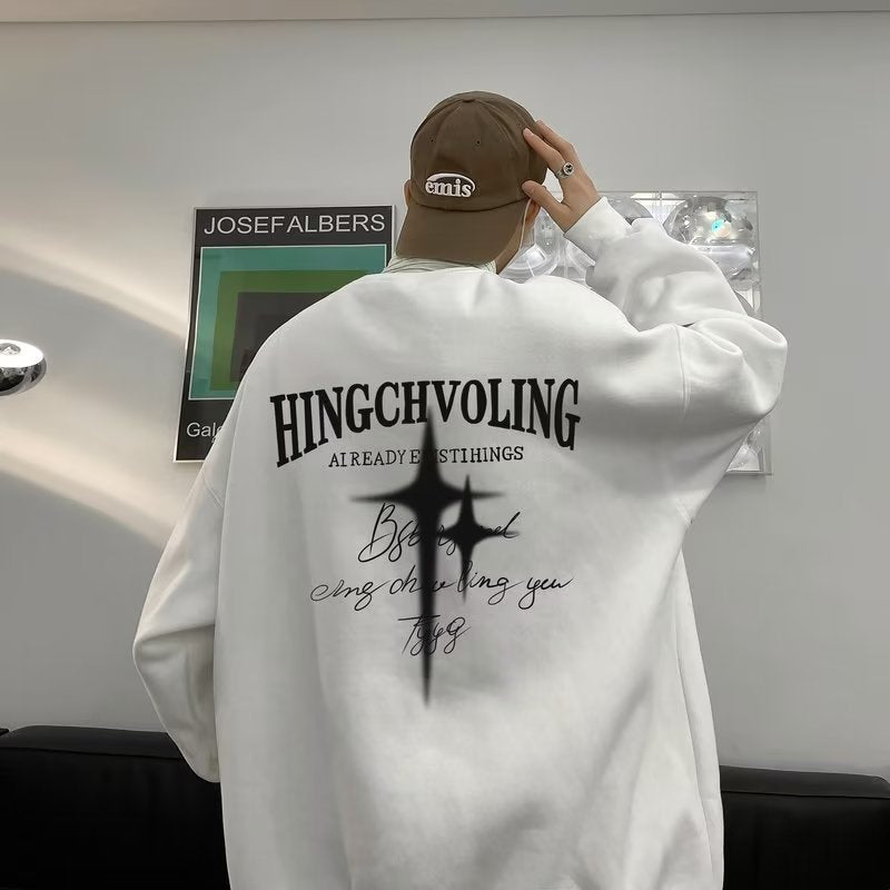 Men Hoodie Printed Sweater Men's Autumn Loose round Neck All-Matching Coat