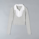 Women T-Shirt Shirt Lapel Short Slim Fit Long-Sleeved T-shirt