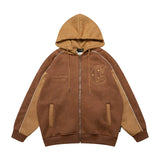Men Fleece Lined Hoodie Cardigan Sweater Men's Winter Loose Color Contrast Patchwork Embroidered Letters