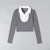 Women T-Shirt Shirt Lapel Short Slim Fit Long-Sleeved T-shirt